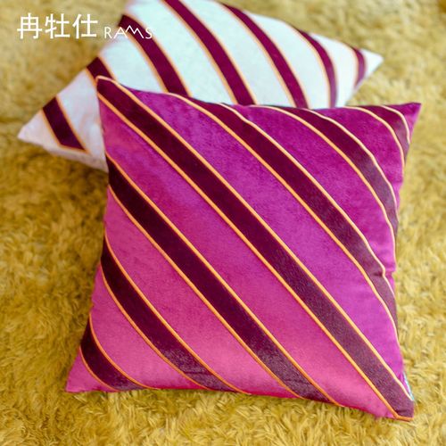 靠垫客厅沙发抱枕仿水貂条纹贴布绣花靠包方枕样板间紫红色靠枕套